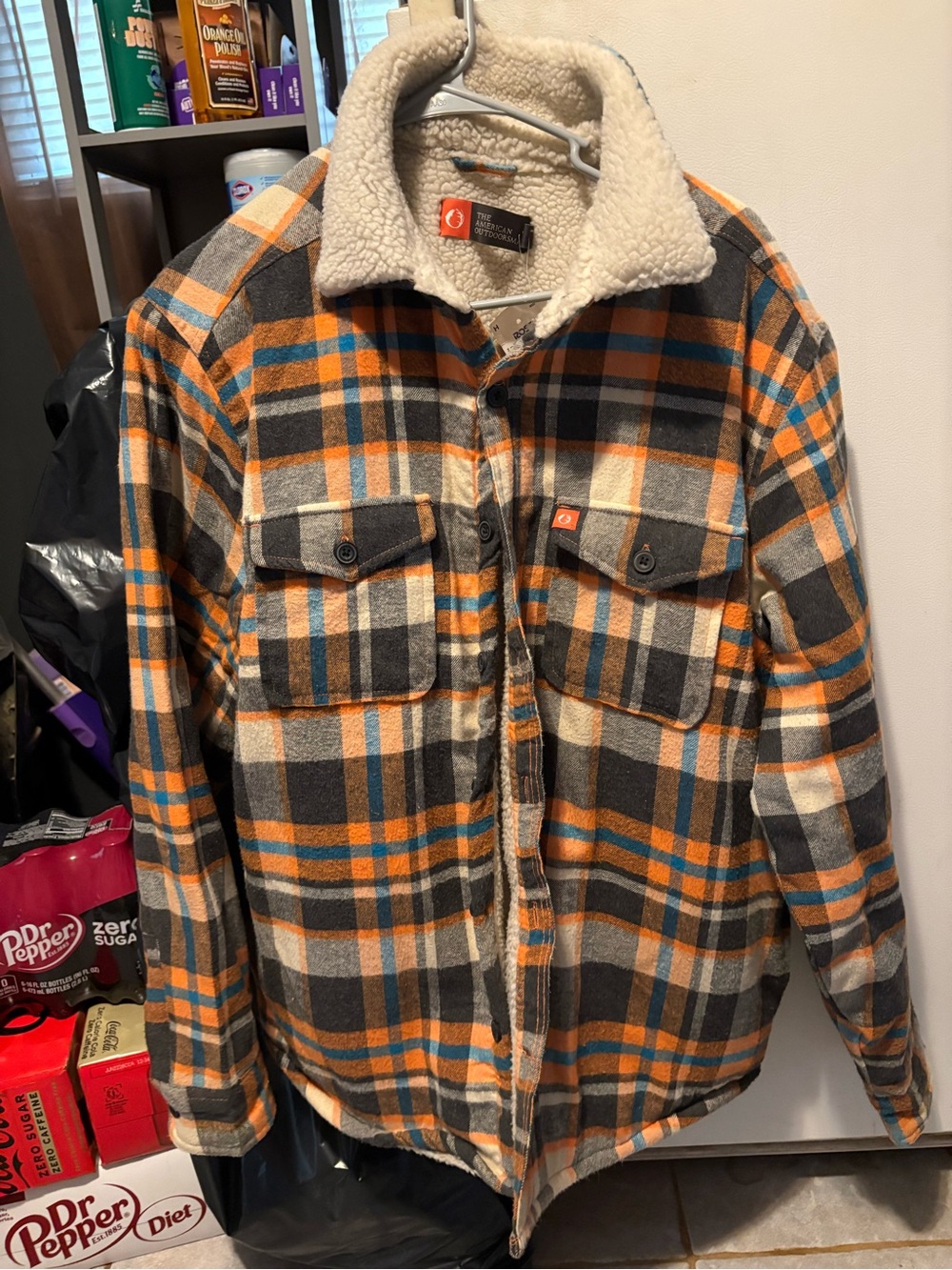 Men’s Orange & Gray Plaid Sherpa-Lined Overshirt Jacket